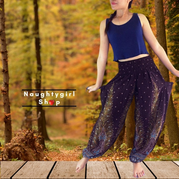 Sarouel marron en rayonne et plumes de paon pantalon de yoga - Main Image