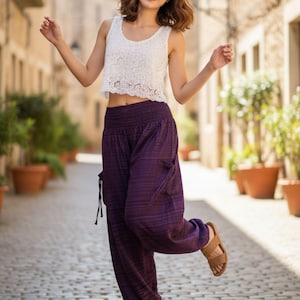 Pikalda-Plus Size Dark Purple Cotton Harem Pants: Comfy Boho Aladdin Style TCC19