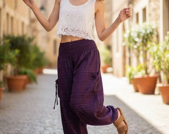 Pikalda-Plus Size Dark Purple Cotton Harem Pants: Comfy Boho Aladdin Style TCC19