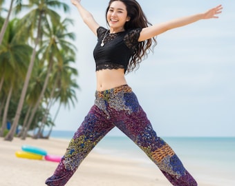 Pikalda-Rayon Harembyxor: Blå & Violett Thai Bekväma Boho Aladdin Yoga Festivalbyxor TSE4