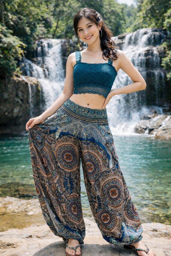 Pikalda-teal Green Mandala Harem Pants: Rayon Comfy Boho Hippie