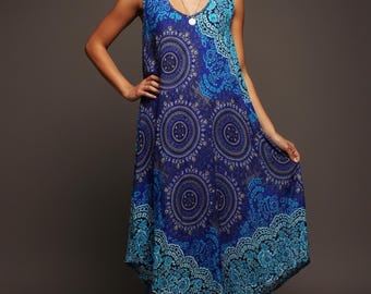 Pikalda-Navy Blue Mandala Rayon Maxi Dress: Comfy Boho Summer Beach Skirt PND44