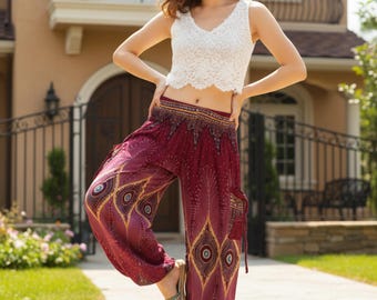 Pikalda-Peacock Harem Pants: Rayon Aladdin Trouser Loungewear
