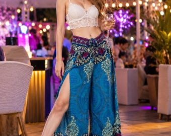 Pikalda-turkooiskleurige palazzo-broek: rayon comfortabele boho-wikkelbroek PTTW5