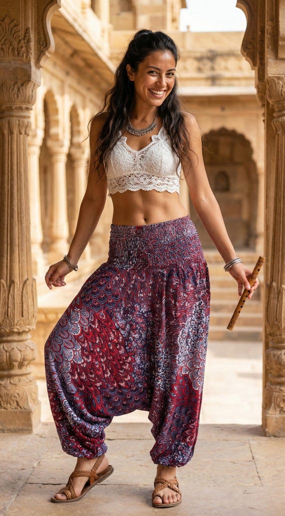 Pikalda-red Harem Pants Drop Crotch: Women's Rayon Comfy Boho