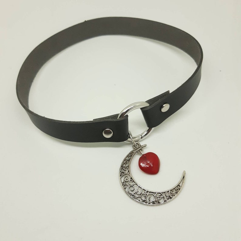 Leather choker necklace with crescent moon and red agate stone heart pendant