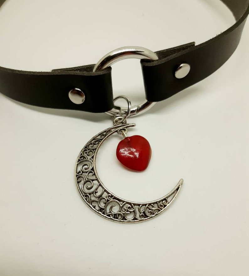 Leather choker necklace with crescent moon and red agate stone heart pendant