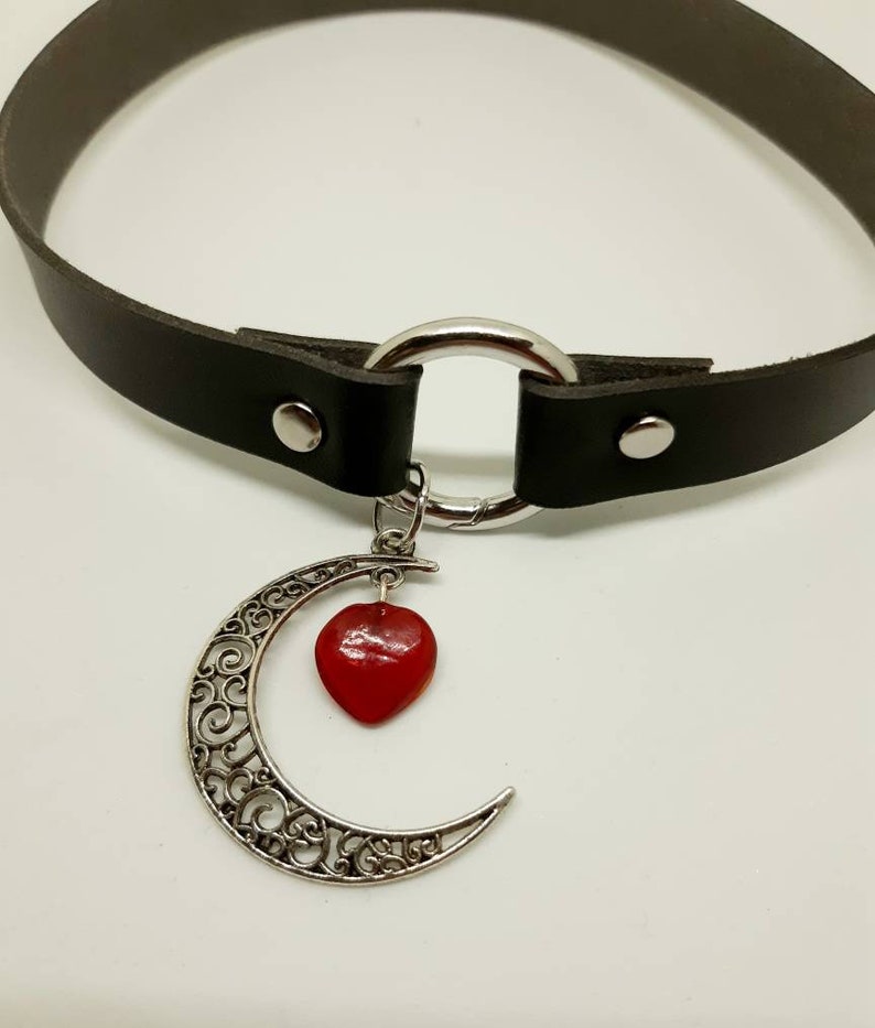 Leather choker necklace with crescent moon and red agate stone heart pendant