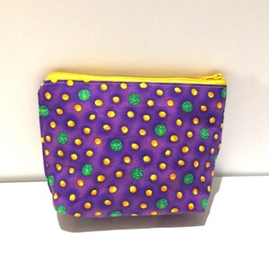 Purple makeup bag with green and yellow prints, purple cosmetic zipper bag, great for makeup, toiletry, travel, medicine, gift for her