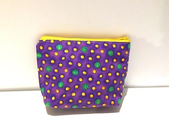 Purple makeup bag with green and yellow prints, purple cosmetic zipper bag, great for makeup, toiletry, travel, medicine, Mother's Day gift