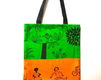 Fun tote bag in green and orange with drawings of children playing. Teacher's  bag, gift for teacher, gift for kids, children