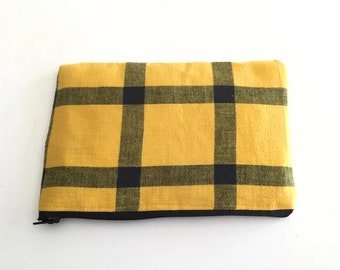Estuche con cremallera a cuadros amarillos: estuche de algodón, bolsa de viaje