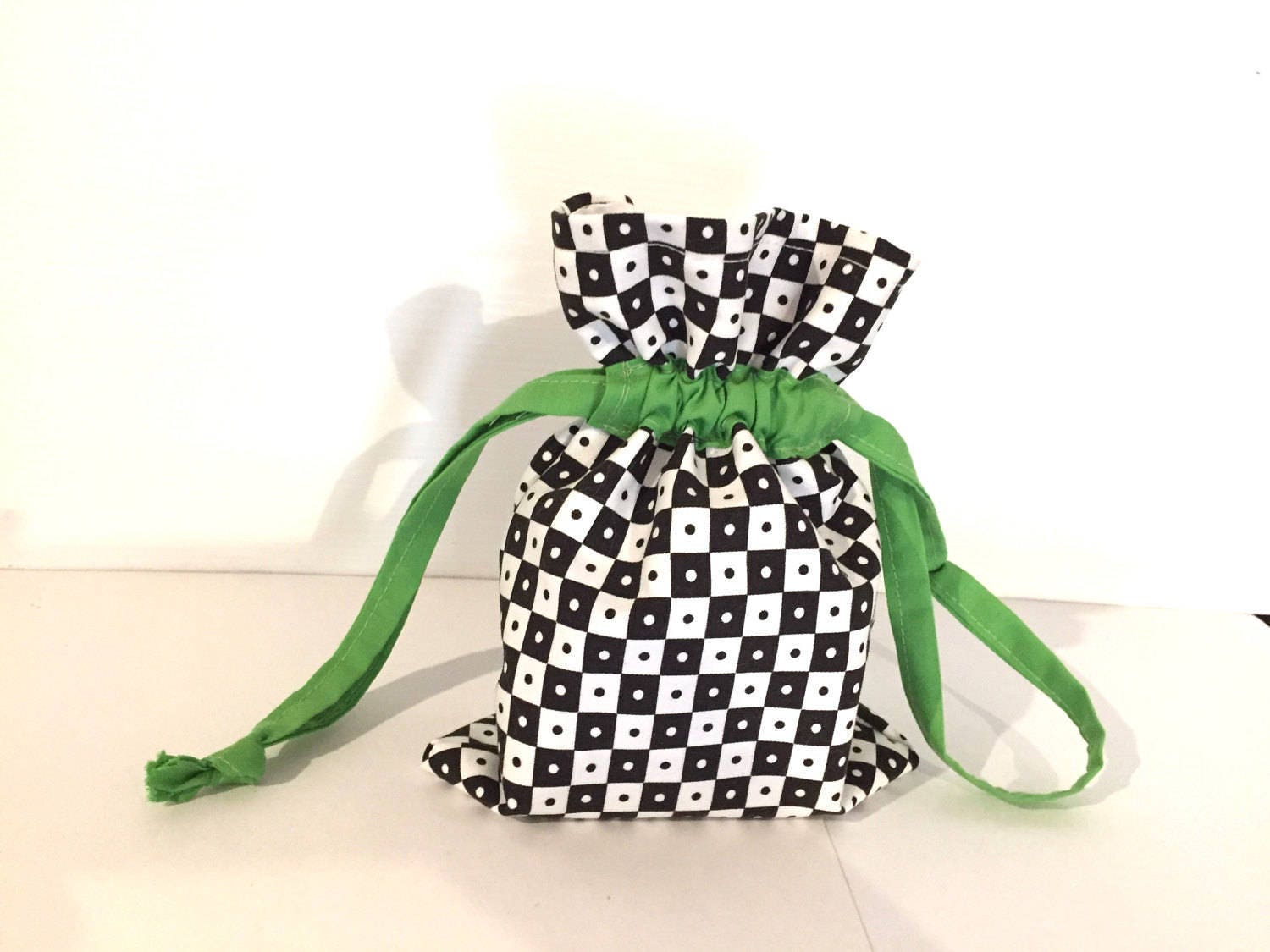 black and white drawstring bag