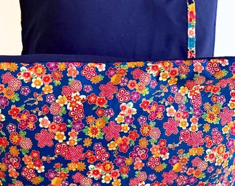 Japanese floral cushion or pillow cover, Japanese fabric, red and blue cushion cover, red flowers, oriental decor, 45x45, Mother's Day gift