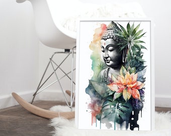 Watercolor Buddha Printable, Tropical Wall Art Buddha in Tropical Flowers, Digital Art Buddha, Floral Buddha Sublimation, Watercolor Buddha