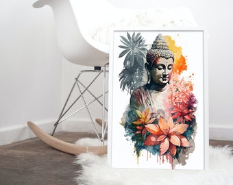 Watercolor Buddha Art, Digital Art Buddha, Tropical Wall Art Buddha in Floral Frame, Watercolor Buddha Printable, Floral Buddha Sublimation