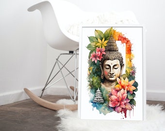 Printable Wall Art Buddha in Tropical Flowers, Buddha Printable, Digital Art Buddha, Floral Buddha Sublimation, Watercolor Buddha