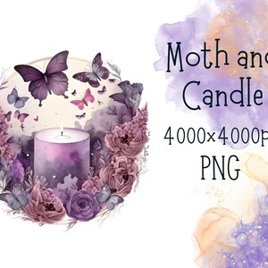 Mystische Boho Clipart, Kerze und Nachtfalter png, Nachtfalter und Licht digital, Nachtfalter Png, Aquarell Boho printable, rosa Nachtfalter Kerze