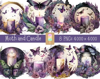 Candle and night moth png, Mystic Boho Clipart, Night moth and light, Night Moth Png, Moon Butterfly Clipart, Purple night moth candle