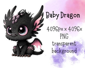 Black and Pink Baby Dragon Clipart, Printable Sticker, Cute Baby Dragon png, Printable wall art, Digital Wall Art, Cute Dragon Sublimation