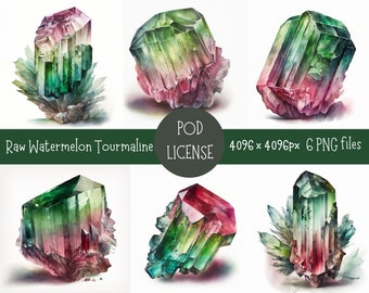 Raw Watermelon Tourmaline Crystal Watercolor PNG Bundle, Digital Download, Print on Demand License, POD design, Watercolor Crystal Clip art