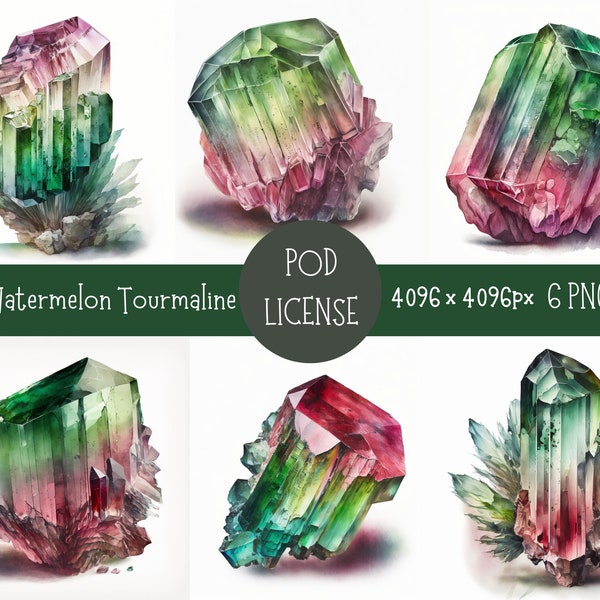 Raw Watermelon Tourmaline Crystal Watercolor PNG Bundle, Digital Download, Print on Demand License, POD design, Watercolor Crystal Clip art