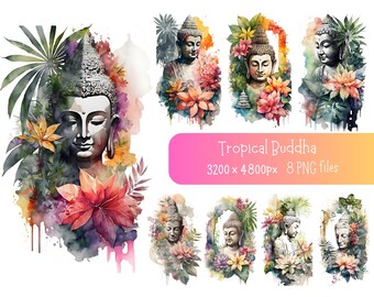 Printable Buddha Wall Art, Digital Wall Art Buddha and Tropical Flowers, Tropical Buddha DIY Wall Art, Printable Wall Art PNG