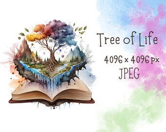 Watercolor Tree of Life Sublimation, Tree of Life Digital Art, Printable Earth Day Wall Art, Magic of Life, Fountain of Life illustration
