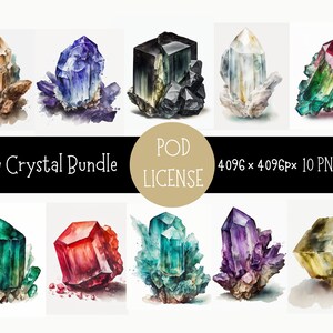 Rohe Kristall Aquarell PNG Bundle, digitaler Download, Print on Demand Lizenz, POD Design, Amethyst Turmalin Quartz Clip art