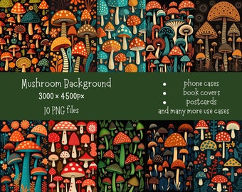 Folk Art Mushroom Backgrounds, Digital Background with Folk Mushrooms Bundle of 10, Mushroom pattern background, Mushroom png wall art