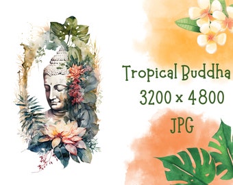 Buddha in Tropical Flowers Printable Wall Art, Buddha Printable, Digital Wall Art Buddha, Green Orange Buddha Sublimation, Watercolor Buddha