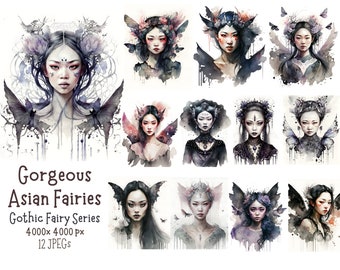 Gorgeous Asian Fairy Bundle of 12, Gothic Fairies, Asian Woman Fairy, Watercolor Dark Fairy, Printable Wall Art, Japanese Fairy, Korean