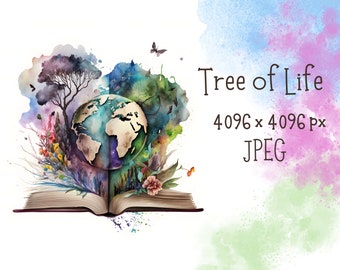 Watercolor Earth Day Sublimation, Tree of Life Digital Art, Printable Earth Month Wall Art, Magic of Life, Fountain of Life illustration