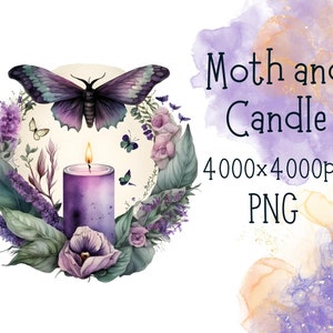 Mystische Boho Clipart, Floral Kerze und Nachtfalter png, Nachtfalter und Licht, Nachtfalter Png, Aquarell Boho druckbar, rosa Nachtfalter Kerze