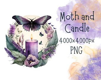 Mystic Boho Clipart, Floral Candle and moth png, Night moth and light, Night Moth Png, Watercolor boho printable, pink night moth candle