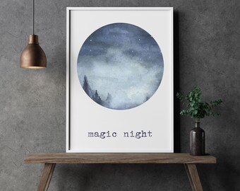 Bild Sofort Download Wasserfarben Sterne png jpg Schrift Aquarell Nachthimmel magic night Nachtschwärmer Poster selber ausdrucken dunkel