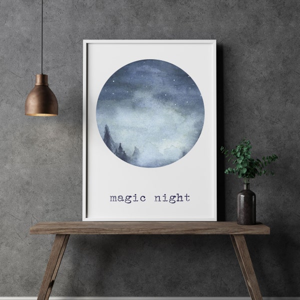 Bild Sofort Download Wasserfarben Sterne png jpg Schrift Aquarell Nachthimmel magic night Nachtschwärmer Poster selber ausdrucken dunkel