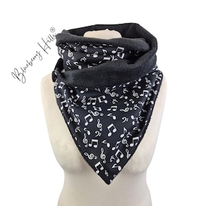 Winterse fleece sjaal voor dames, zwart, met muzieknoten en sleutel - warme sjaal met knoopsluiting - muzikaal cadeau voor de winter