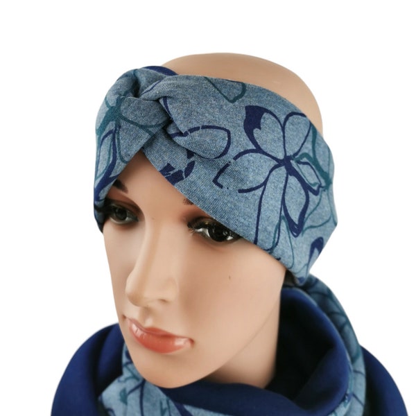 Haarband Stirnband Knoten Blumen blau petrol grün elastisch Knotenlook breit warm