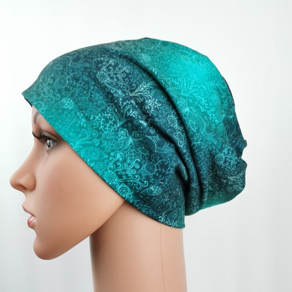 Bonnet Damen dunkelgrün Jersey Batik