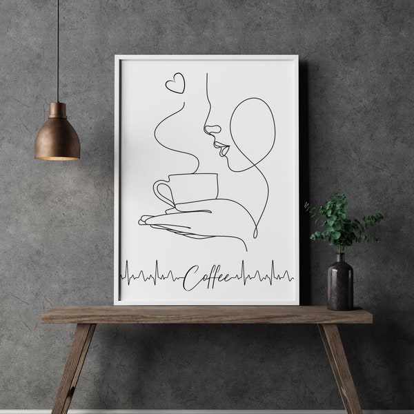 Bild Sofort Download Kaffee Küchenposter png jpg Schrift Poster selber drucken ausdrucken Strichzeichnung minimalistisch Küche Büro Wall art