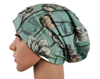 Gorro Damen Bambus Jersey Blumen mintgrün Mütze Urlaub Pastellfarben Bambusstoff