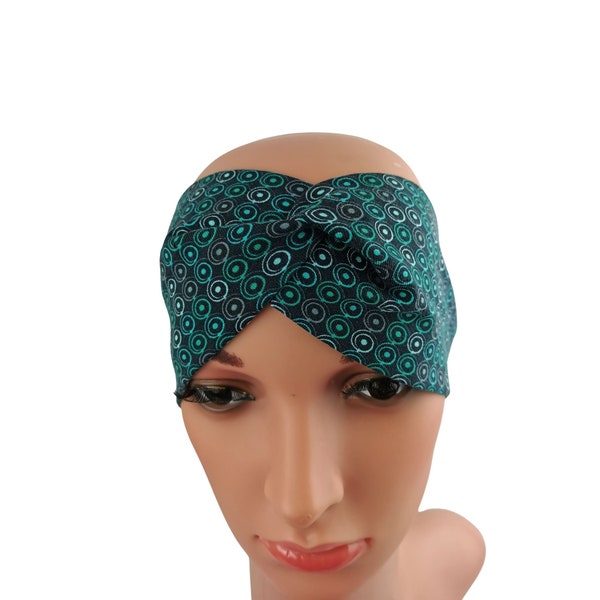 Haarband mit Knoten Jersey grün Kreise dunkel elastisch breit Muster ökologisch Turban