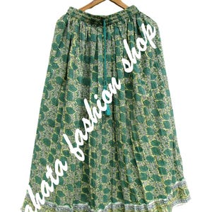 green marigold floral hand block printed cotton maxi skirt - broomstick style long bohemian maxi skirt with tassel