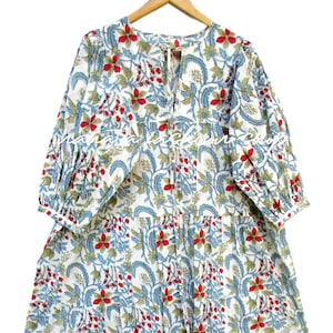 colorful floral regular style printed mini maxi dress - summer dress - buttons - with cotton ties - round neckline - 3/4th sleeve mini dress