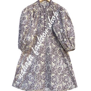 gray floral womens mini dress with balloon sleeves- collar neck womens mini dress