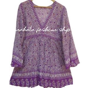 Boho purple floral block print blouse – cotton long sleeve V-neck top – Indian bohemian tunic shirt – summer casual wear