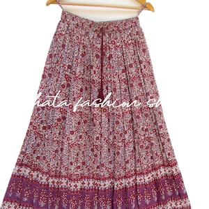 Boho Floral Cotton Skirt – Hand Block Print Long Skirt, Purple Border, Elastic Waist, Handmade