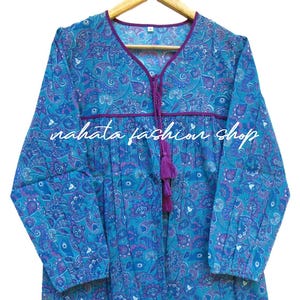 Boho Blue & Purple Paisley Tunic Top – Hand block Printed Cotton Kurta with Tassels – Long Sleeve Ethnic Indian Blouse for Women