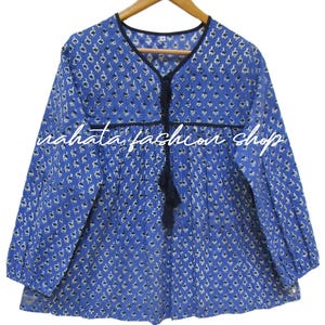 Indigo Blue Boho Cotton Blouse – Hand Block Printed Tassel Top – Long Sleeve Indian Tunic – Bohemian V Neck Shirt